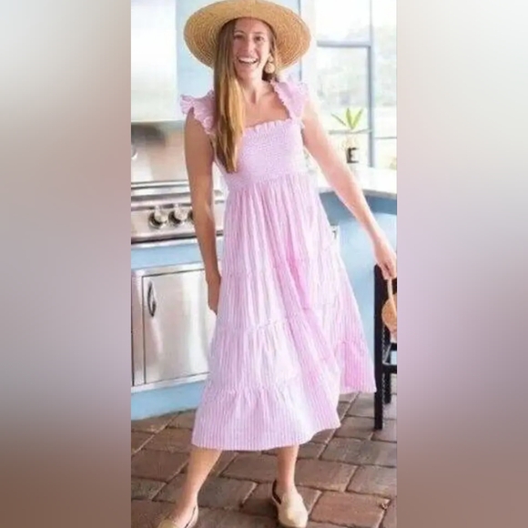 Hill House Ellie Nap Dress Medium Pink Gingham Tiered Midi Smocked Flutter - Picture 6 of 10